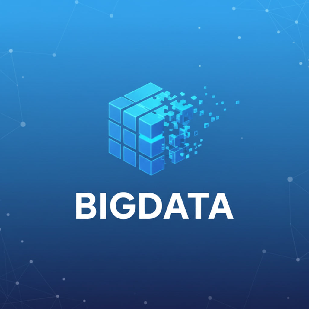 Blue cube with data elements and 'BIGDATA' text on a blue background